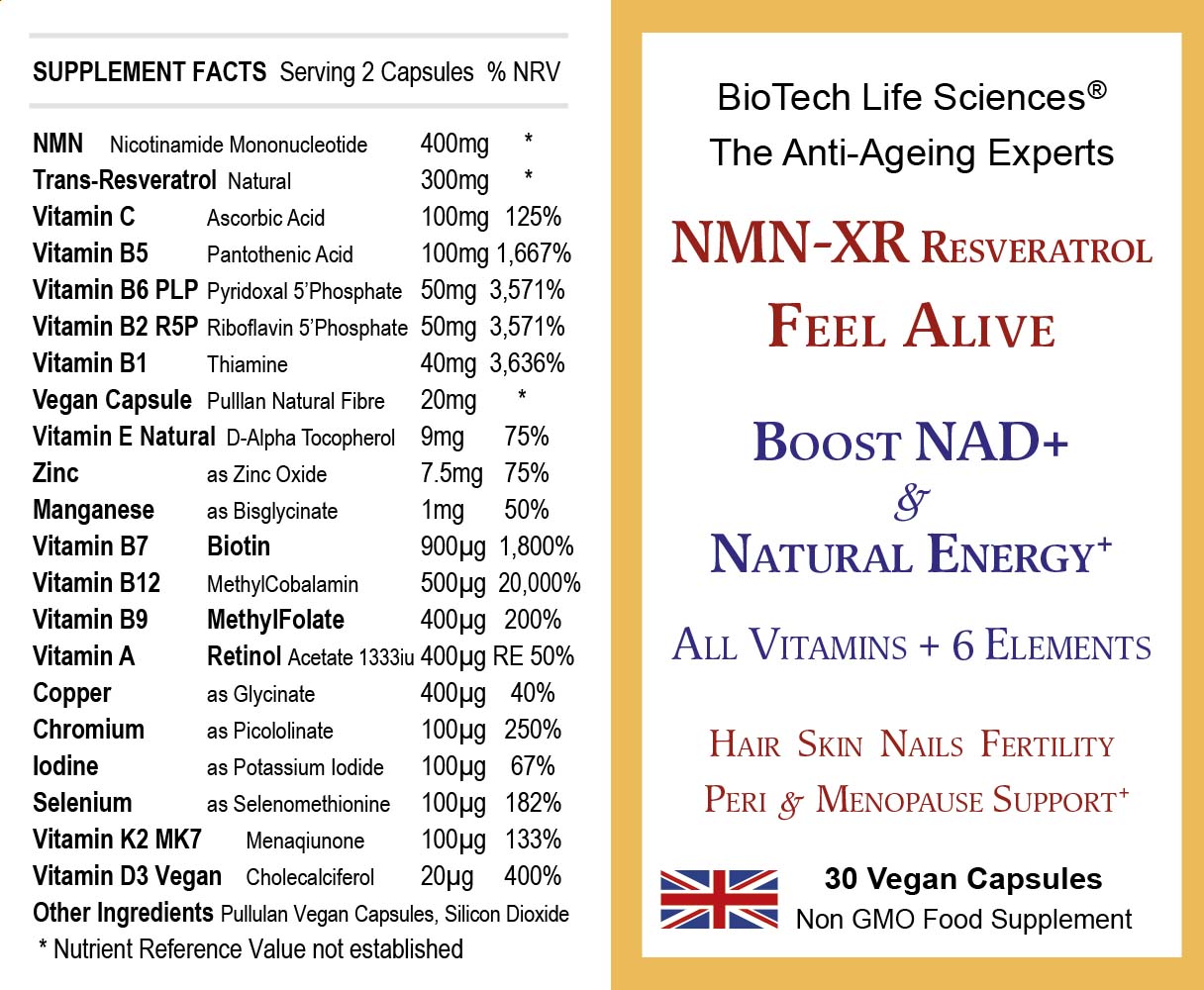 NMN-XR Resveratrol Vitamins Anti-Ageing Hair Skin Menopause 30